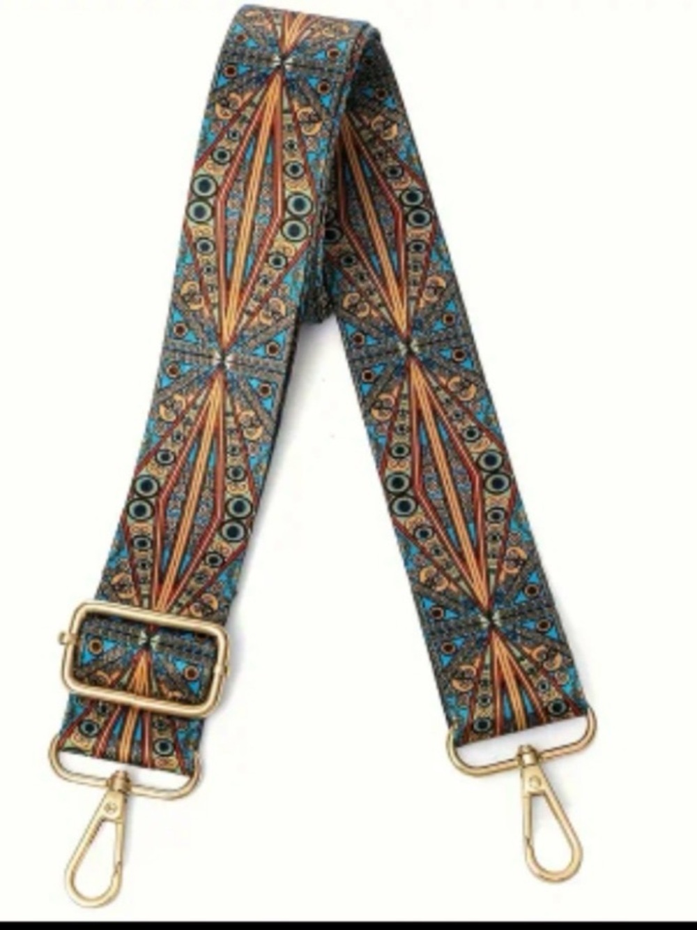 Boho Gypsy Sisters Teal & Gold Patterned Peacock Guitar Strap - NWOT
